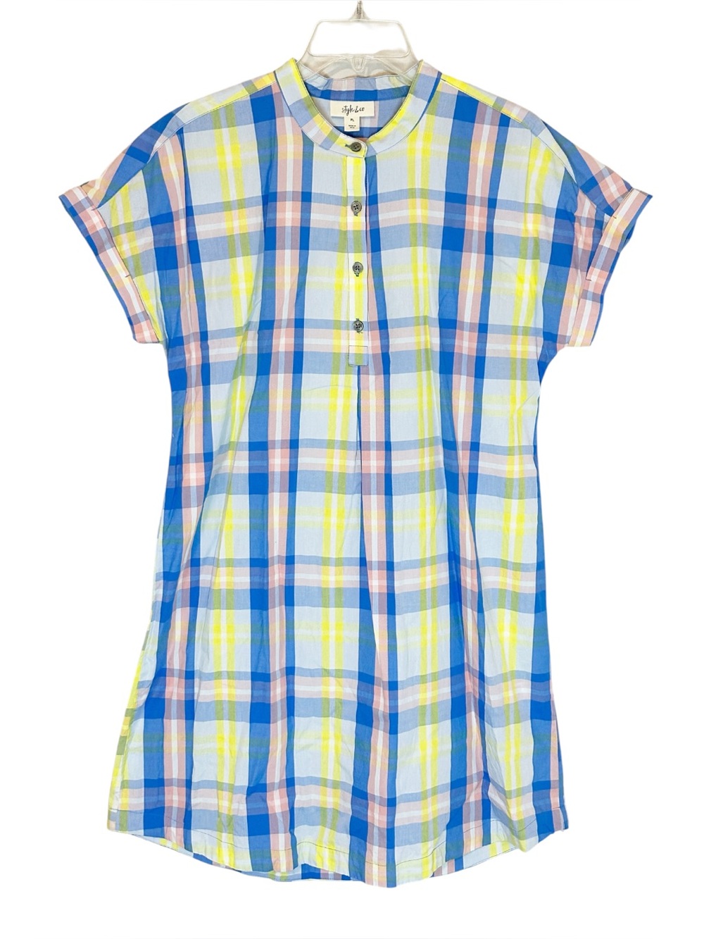 Style &Co Pink Yellow and Blue Plaid Shirtdress w/buttons Shortsleeve - LP - Picture 2 of 10